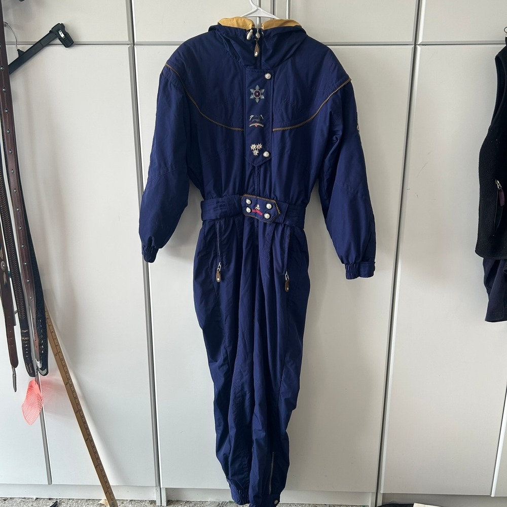 Vintage Obermeyer Ski Suit Womens 10 Navy Blueโ Embroidered One Piece Snow Suit